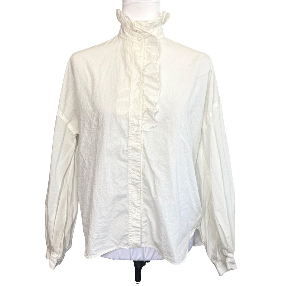 TWP Trish Wescoat Pound Ruffled Button Down Blouse M Victorian‎ High Neck White